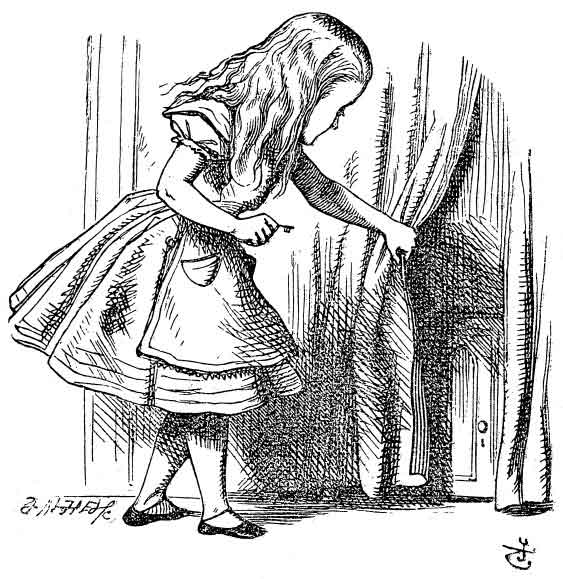 Alice with the key opening the curtain