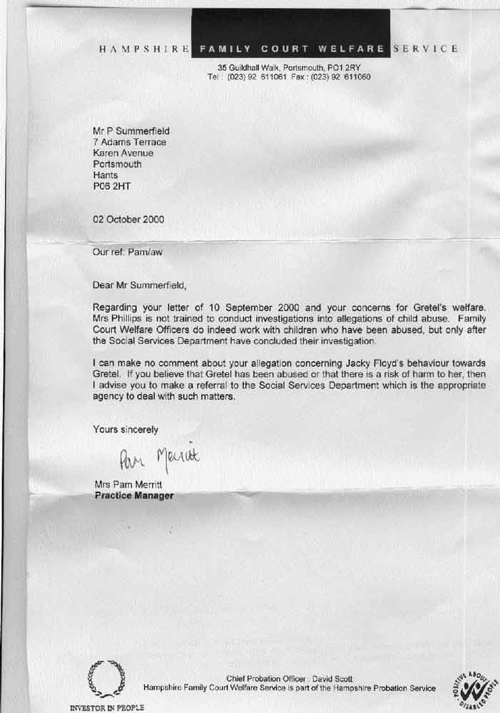 Court welfare letter concerning the court welfare office being untrained to deal with emotional abuse and refusing to investigane Jacky Floyds abuses to my family